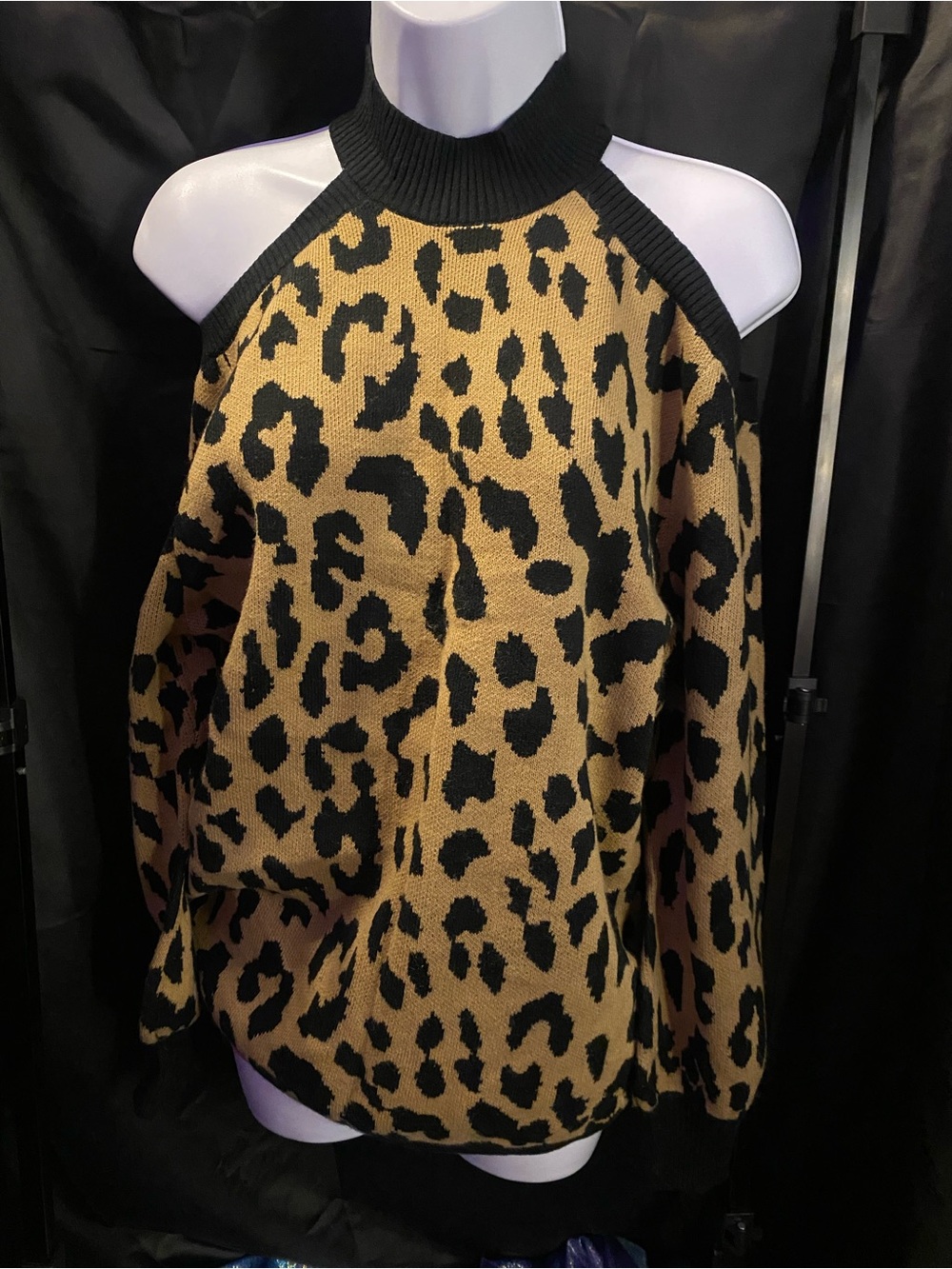 New York & Company Cold-Shoulder Leopard Knit Sweater - Black & Camel